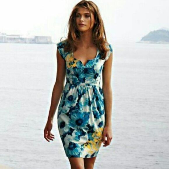 Anthropologie Floreat Blue‎ Floral Beaded Mini Pleated Sheath Dress 4 - Picture 1 of 7